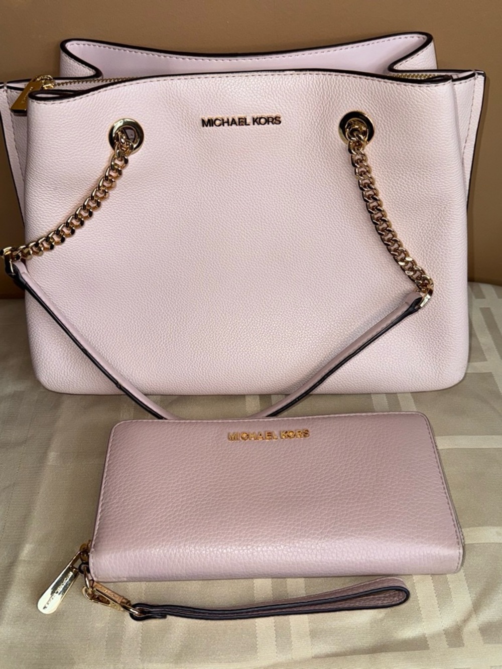 Michael Kors Light Pink Leather Shoulder Tote with Matching Wallet